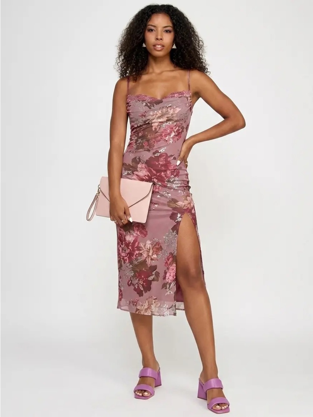 Emerald Sundae Mauve Floral Midi Slip Dress with Lace Trim